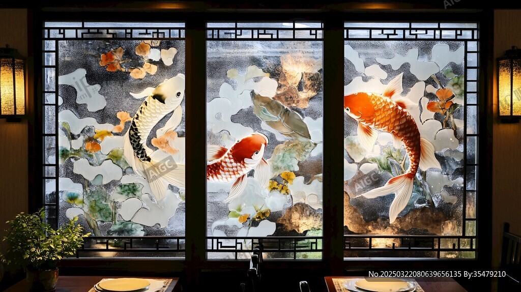 彩绘玻璃鲤鱼图案