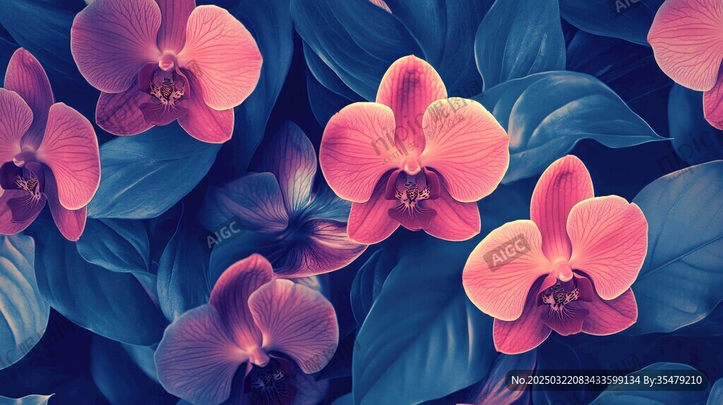 神秘粉色兰花与深绿叶子