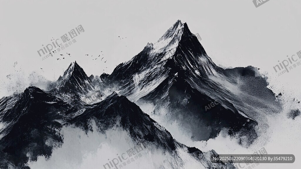 山水画中的高峰与飞鸟