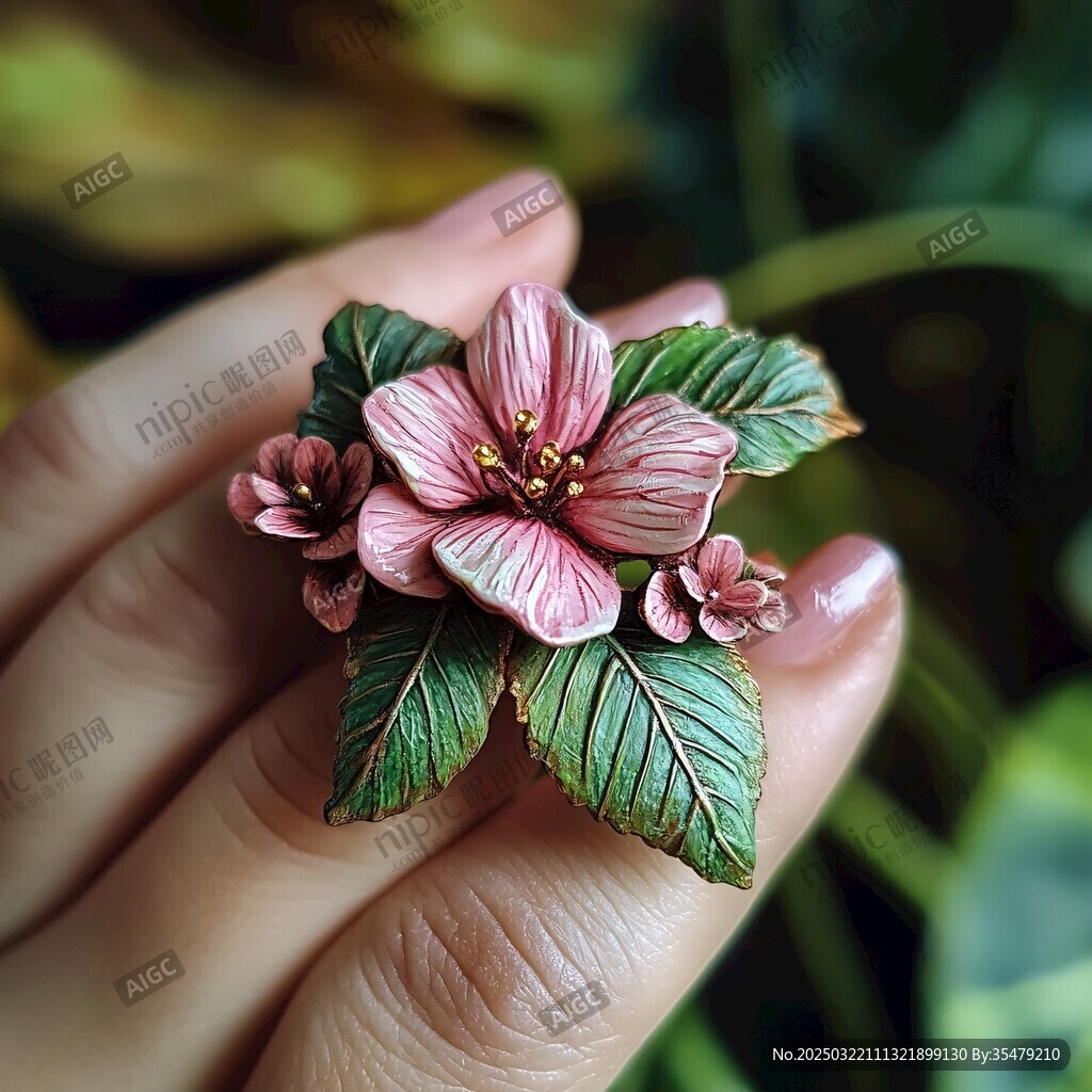精致花卉胸针 绿叶点缀 粉色花朵 金色花蕊 手工制作 珠宝配饰 自然之美 复古风格 女性时尚 春季灵