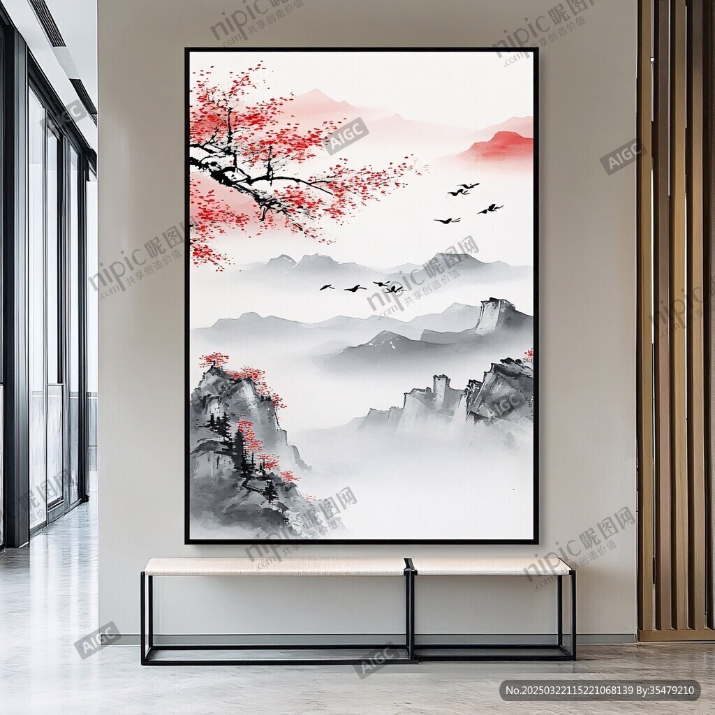 山水红梅图