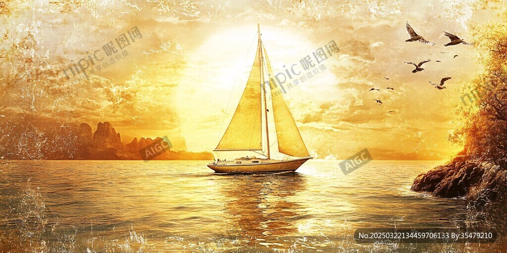 金色帆影 海鸥飞翔