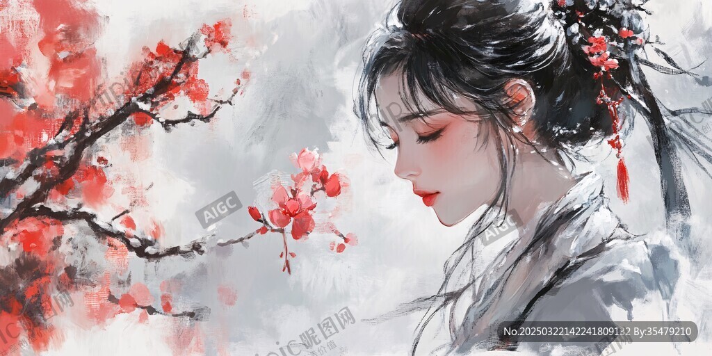 桃花映照的古典美人
