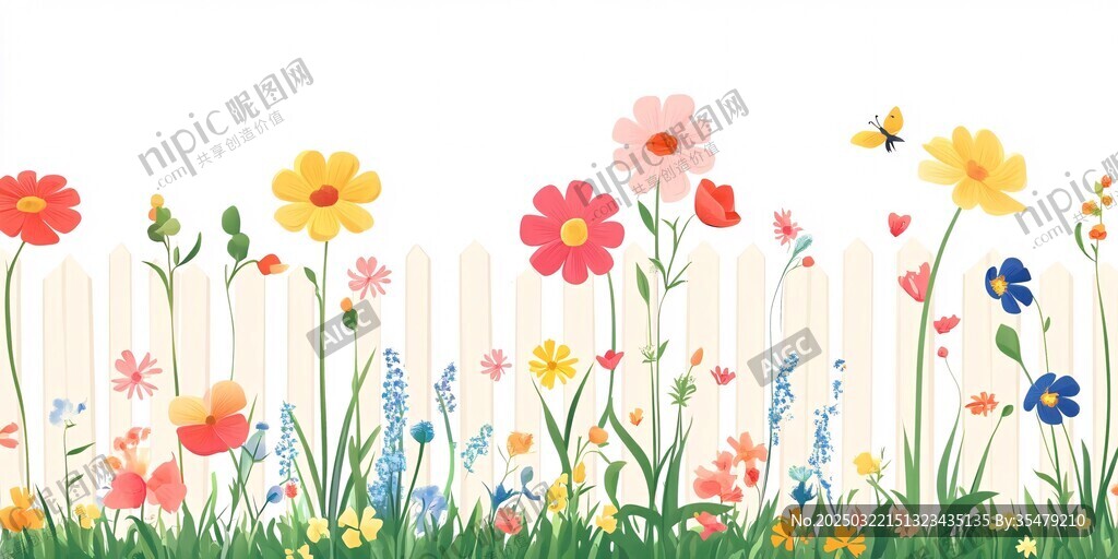 花园里的栅栏和多彩的花朵