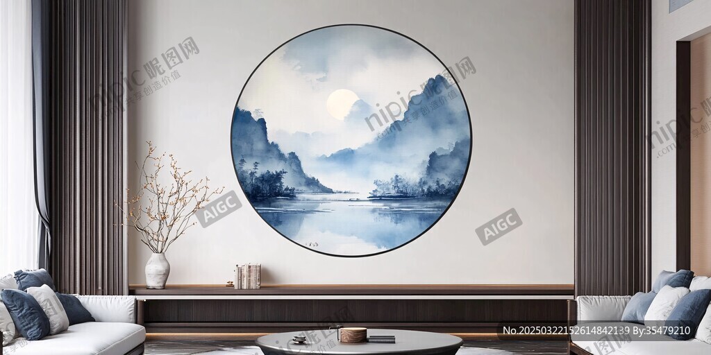 山水圆形画作