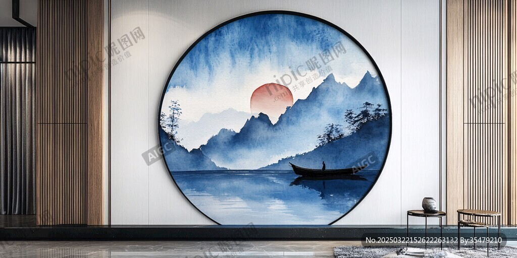 山水画圆形壁画