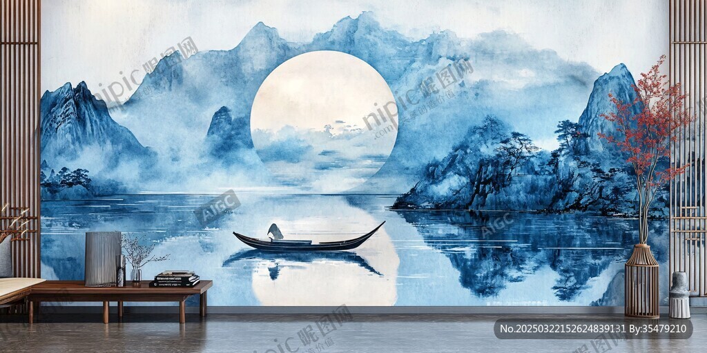 山水画中的月光小船