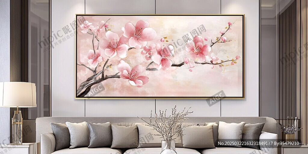 粉色桃花油画作品