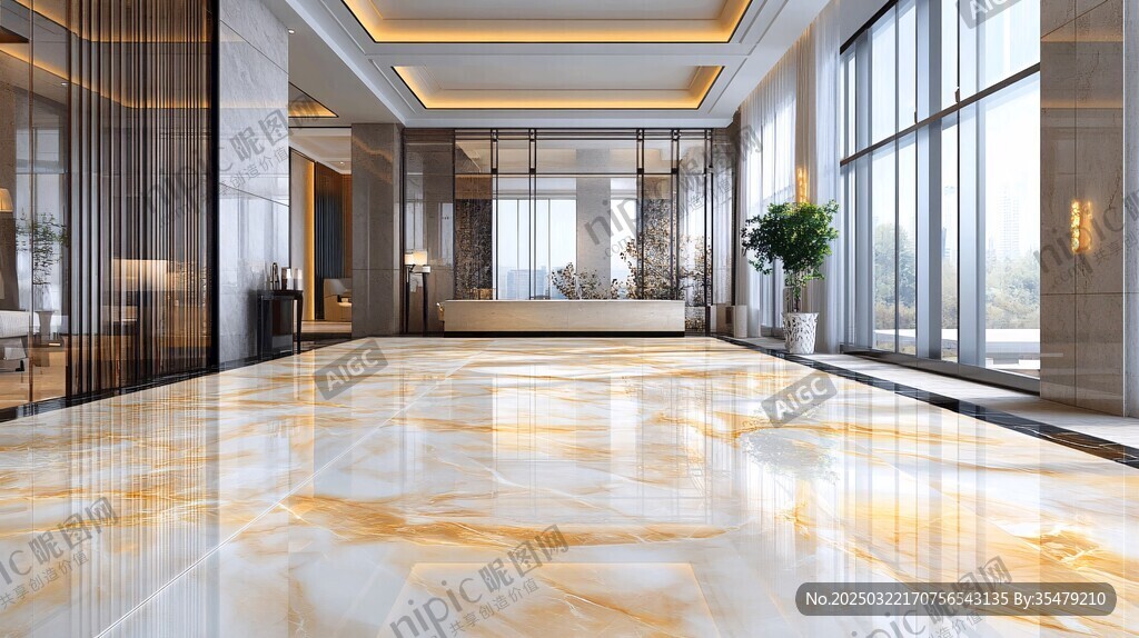 豪华大堂 marble 地板和大窗户