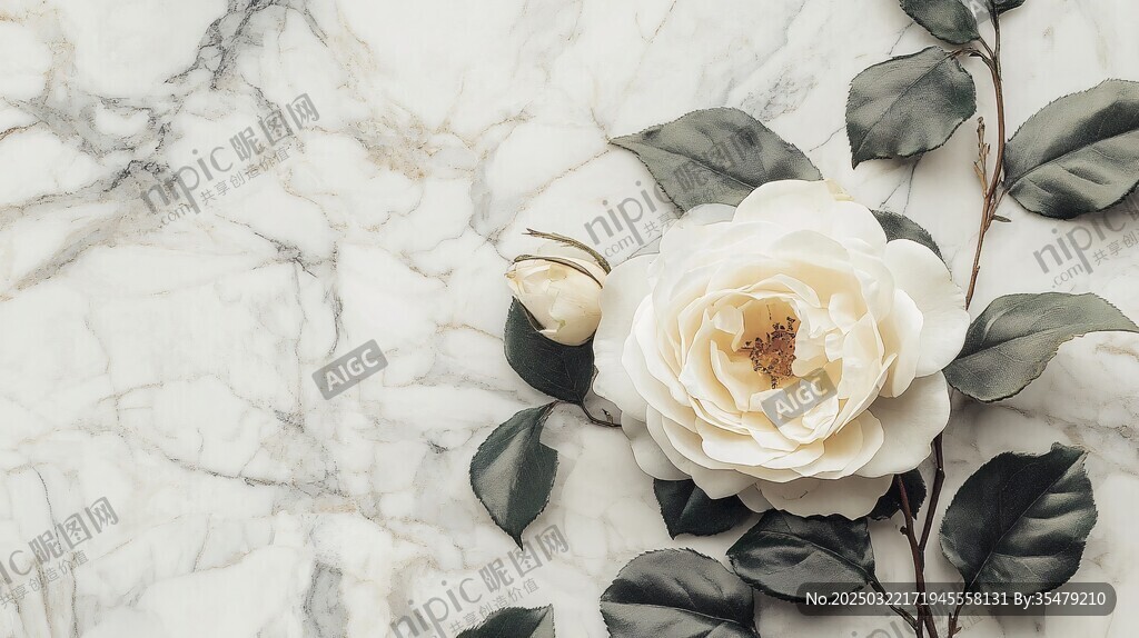 marble background with white roses and buds