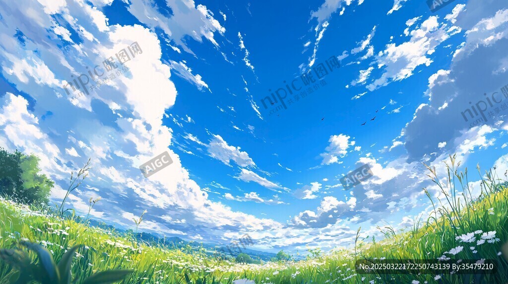 蓝天白云下的草地风景
