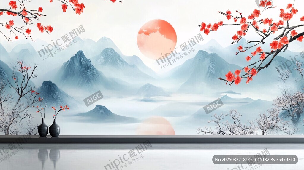 中国风山水画壁画