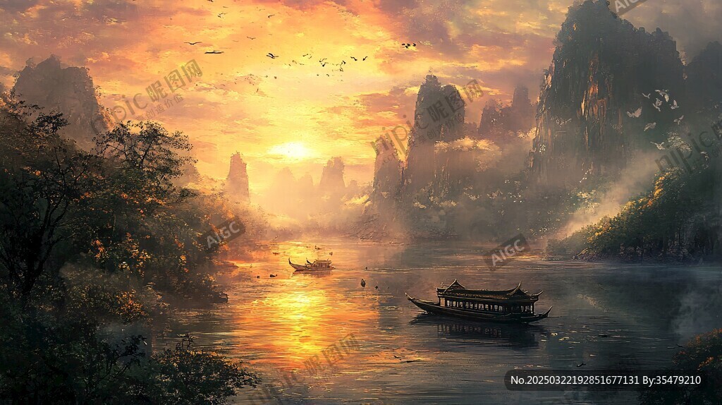 落日山水画