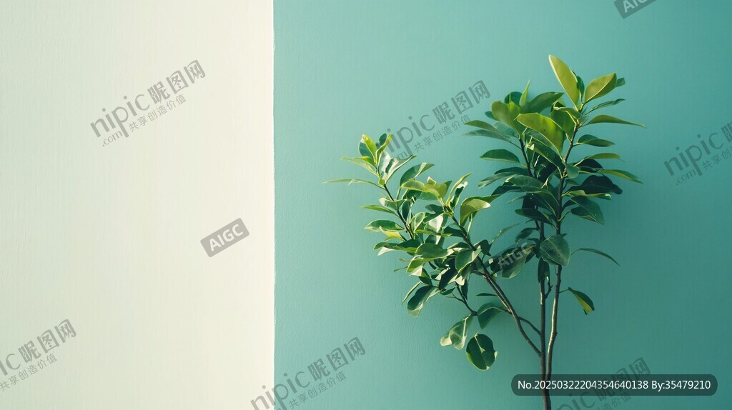 绿色植物与蓝色墙壁