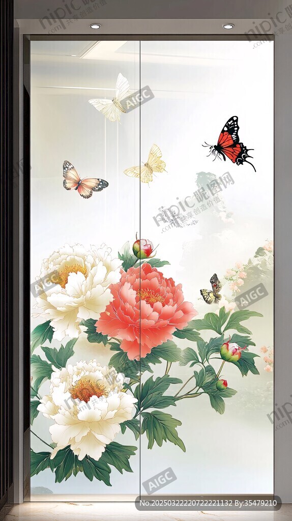 蝴蝶花卉图案的透明玻璃门