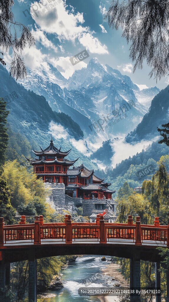 云雾缭绕的山谷中的传统建筑