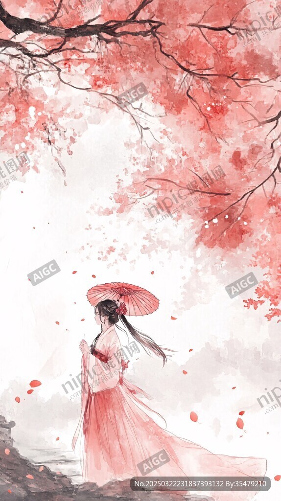 桃花映照下的古典美人