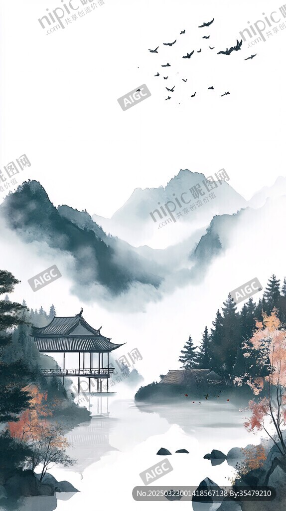 山水画中的秋日亭阁