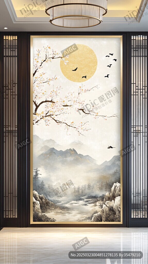 桃花月圆山水画