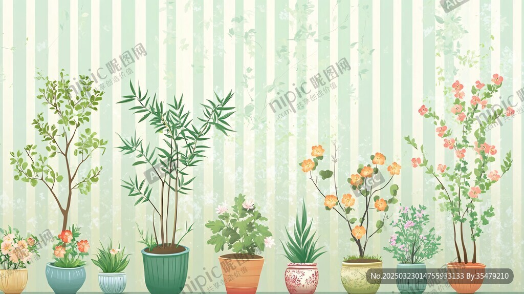 室内植物与条纹墙的和谐共生
