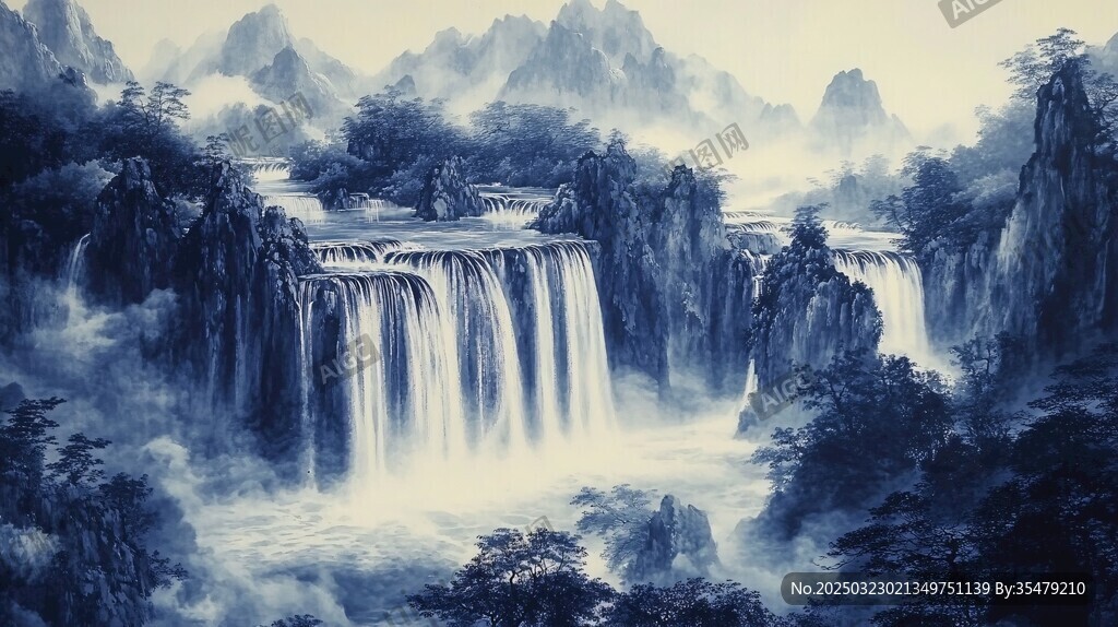 山水画中的瀑布与薄雾