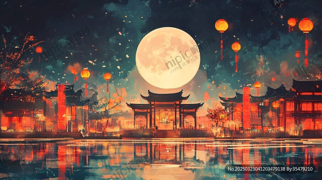 满月下的古风夜景
