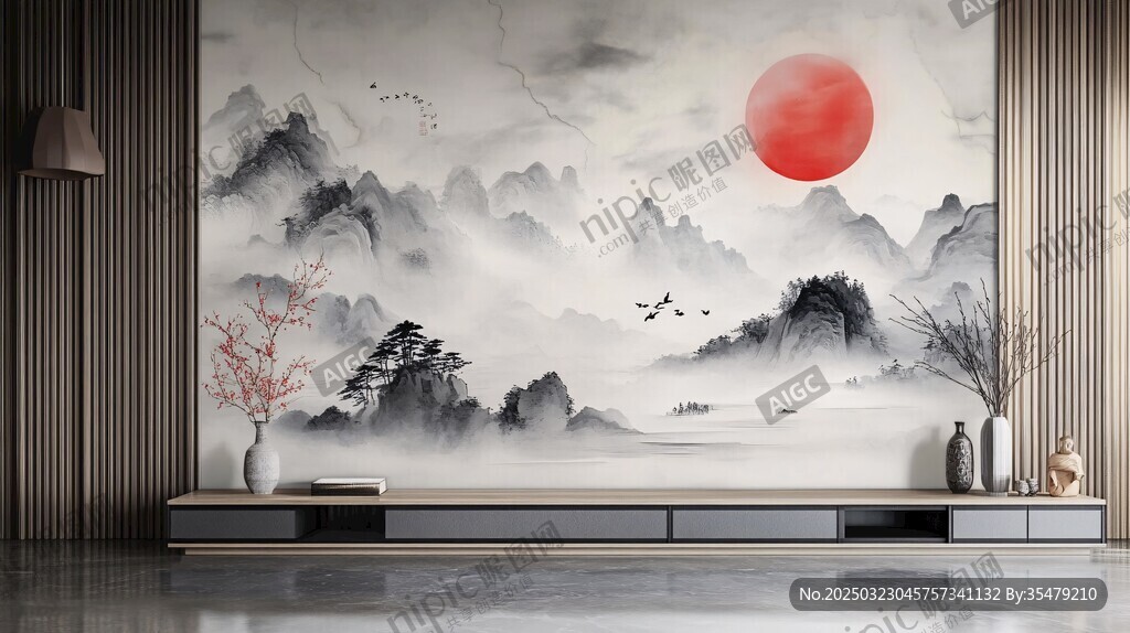 中国风山水画壁画