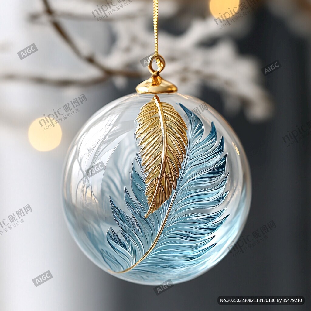 玻璃球内金羽毛蓝叶设计