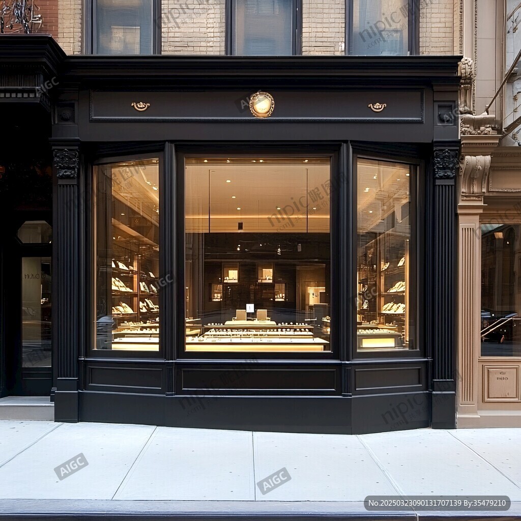 优雅的店面 黑色的外观和大玻璃窗