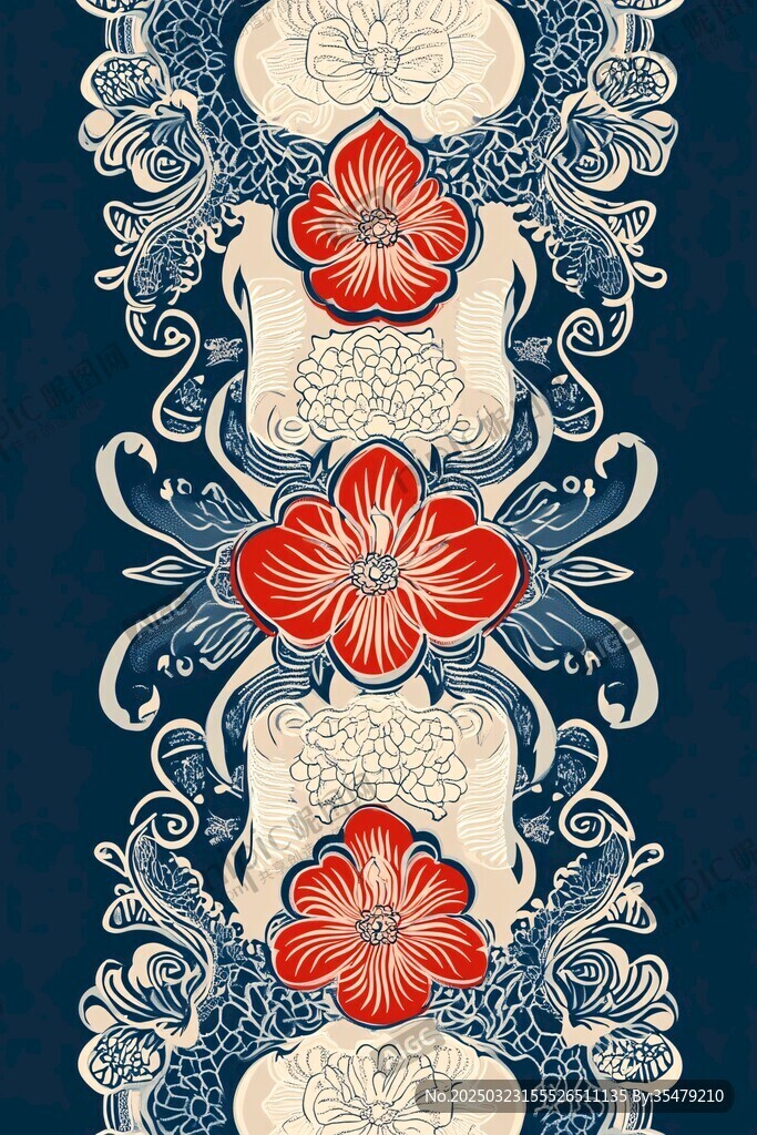 蓝色与红色花卉图案