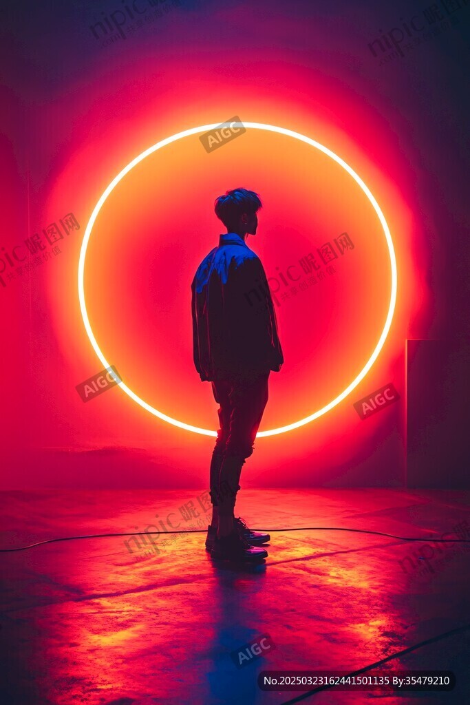 红色圆形光影中的男子