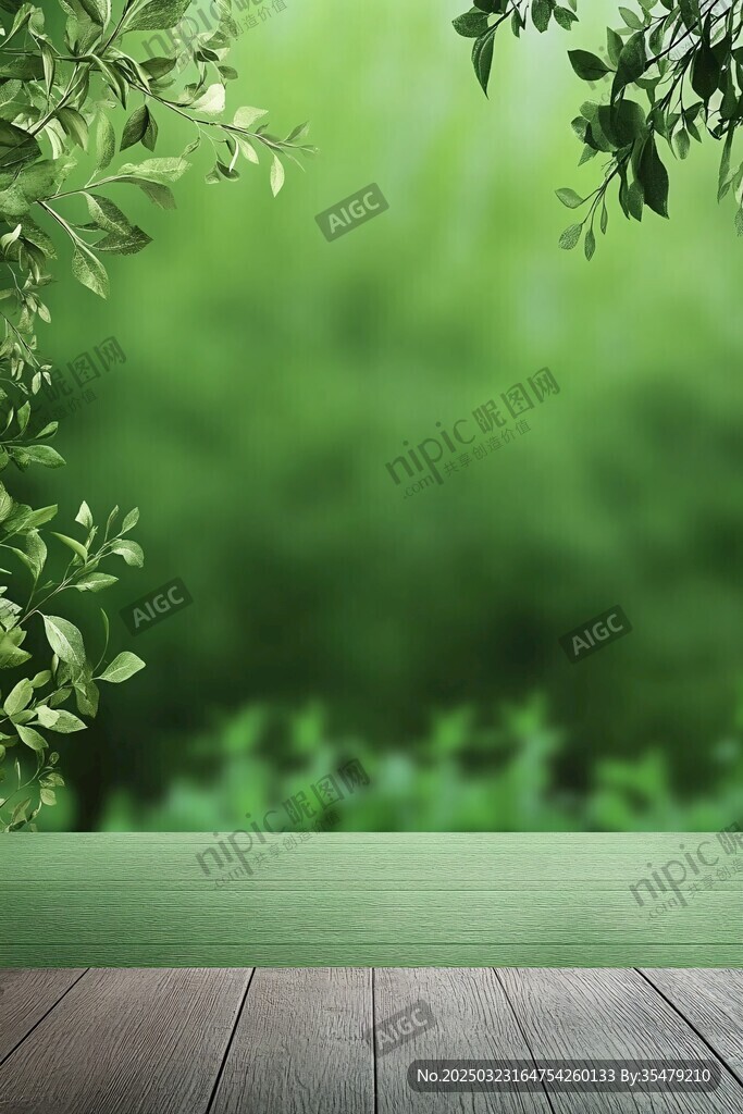 绿色自然背景下的木制平台