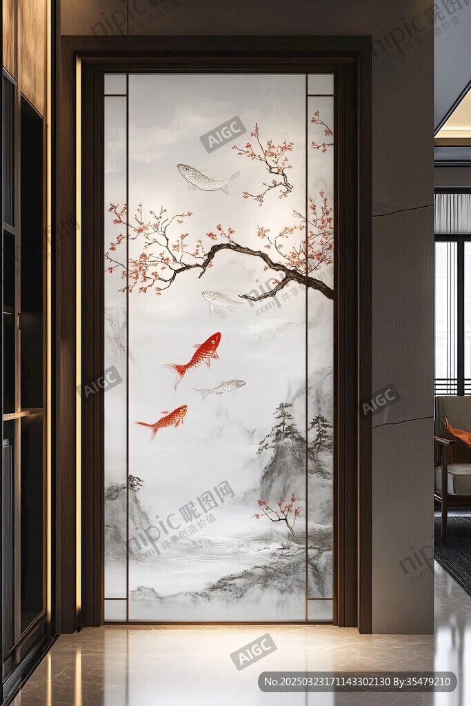 桃花金鱼图案玻璃门
