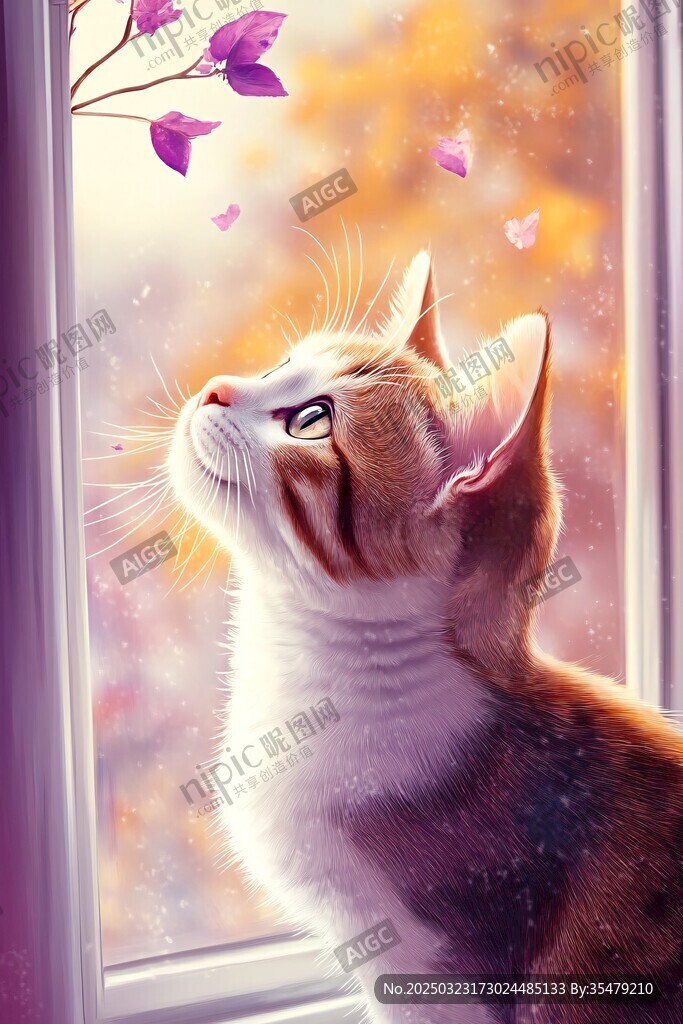 猫咪透过窗户凝视紫花