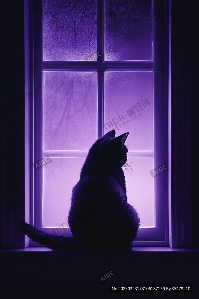 紫色窗前的猫