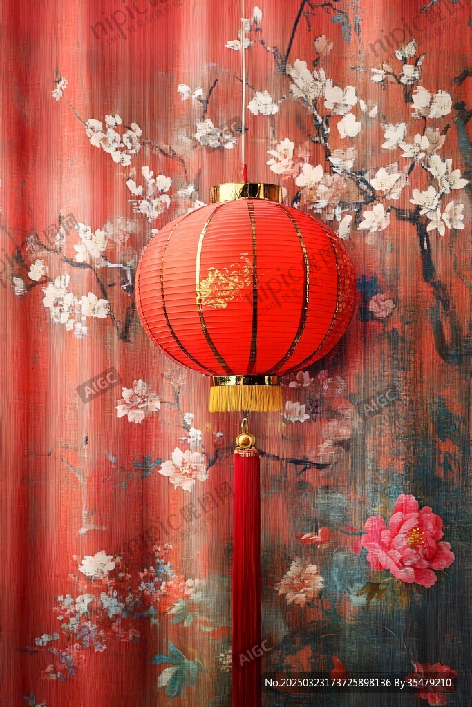 红色灯笼与花卉壁画