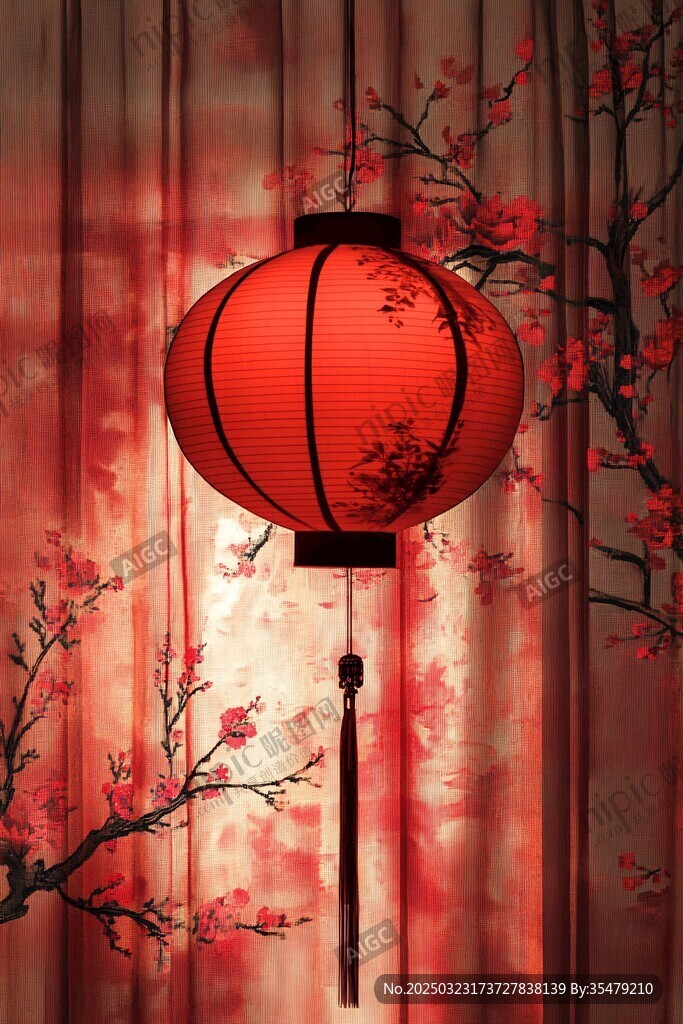 红色灯笼与梅花图案窗帘
