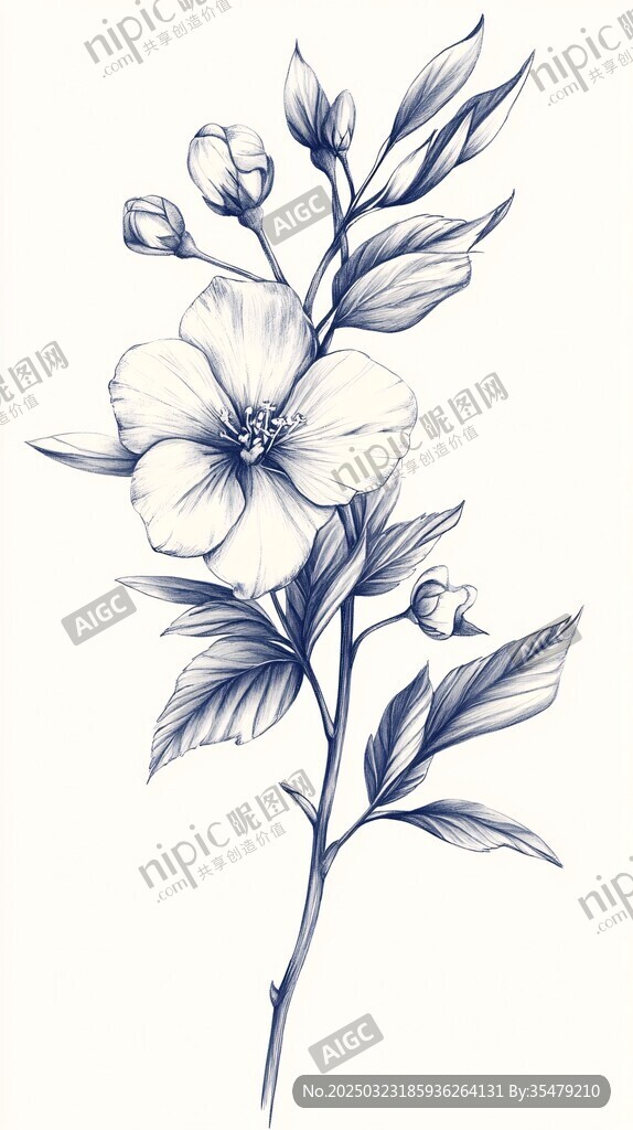 蓝白花卉素描