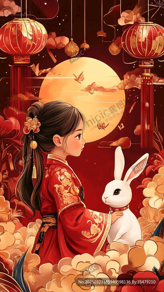 月圆兔舞红衣女