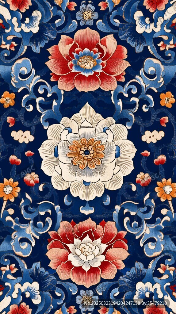 蓝色背景红色 白色和橙色花卉图案