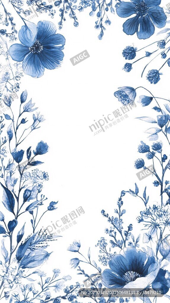 蓝色花卉水彩画框
