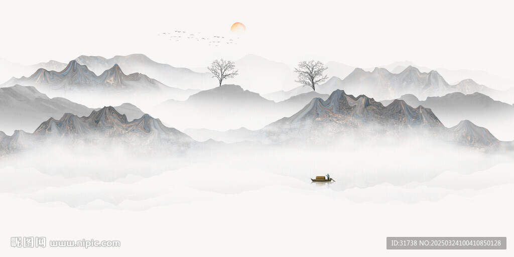 新中式床头山水画背景墙