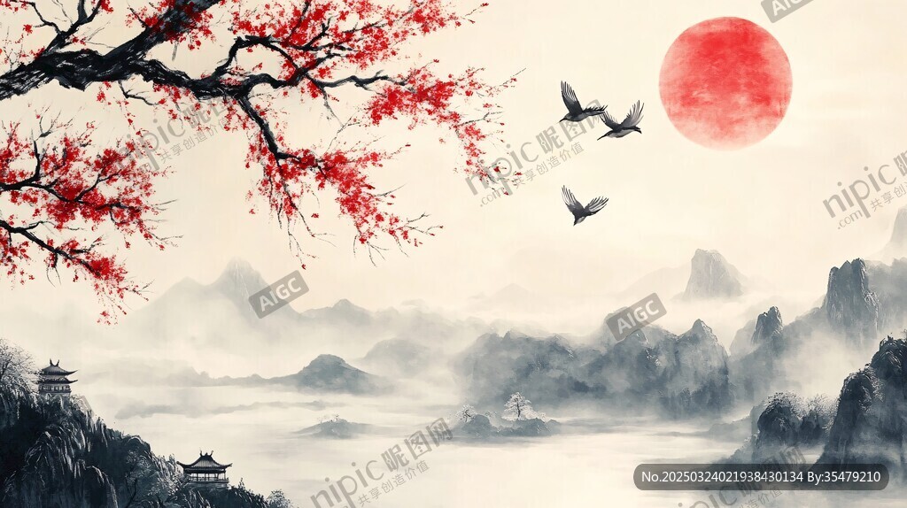 红月山水图