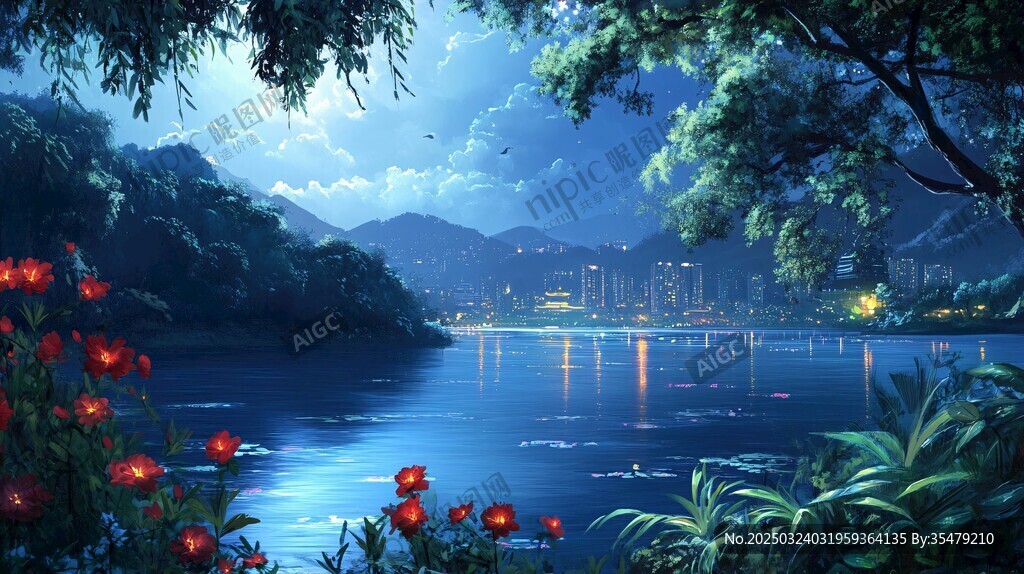 夜幕下的城市湖泊