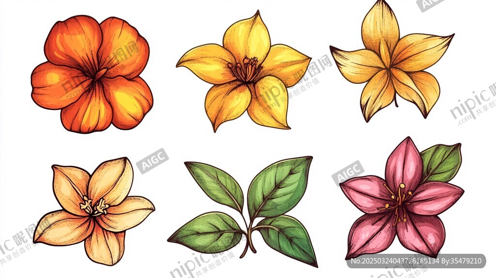 多彩花卉与叶子插画