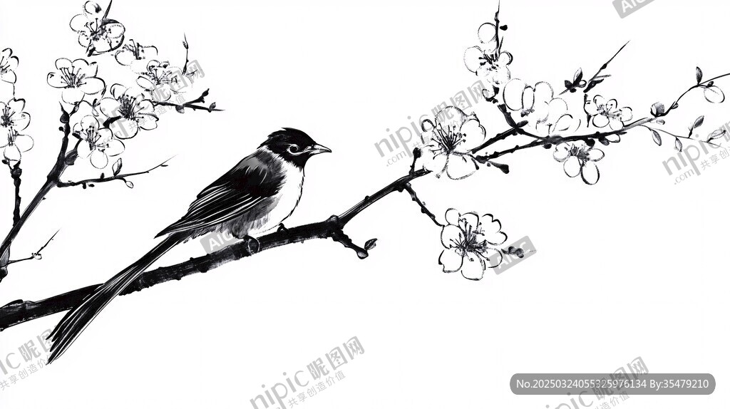 黑白画中的鸟和花