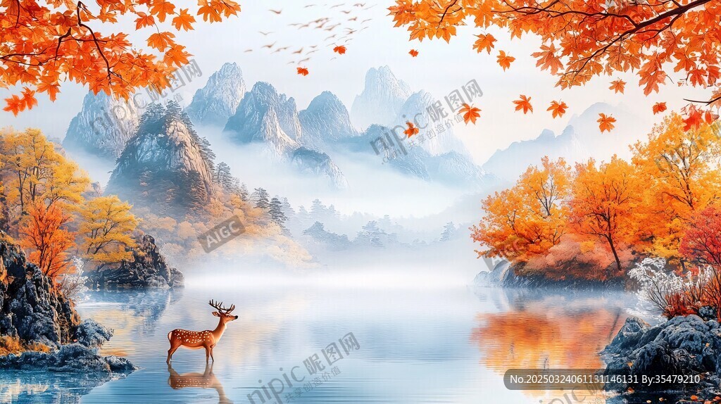 秋日山湖鹿影