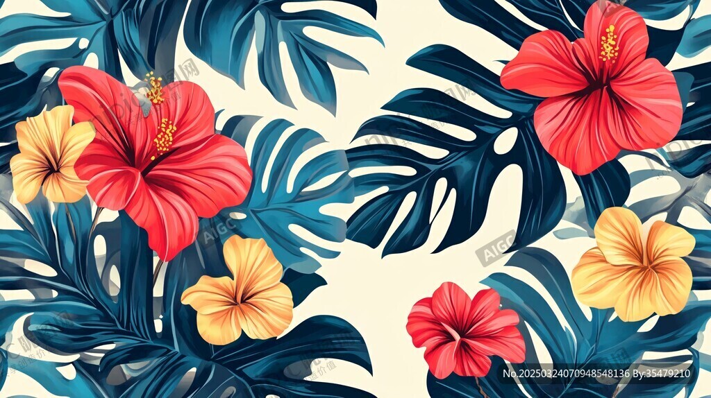 热带花卉与绿叶图案