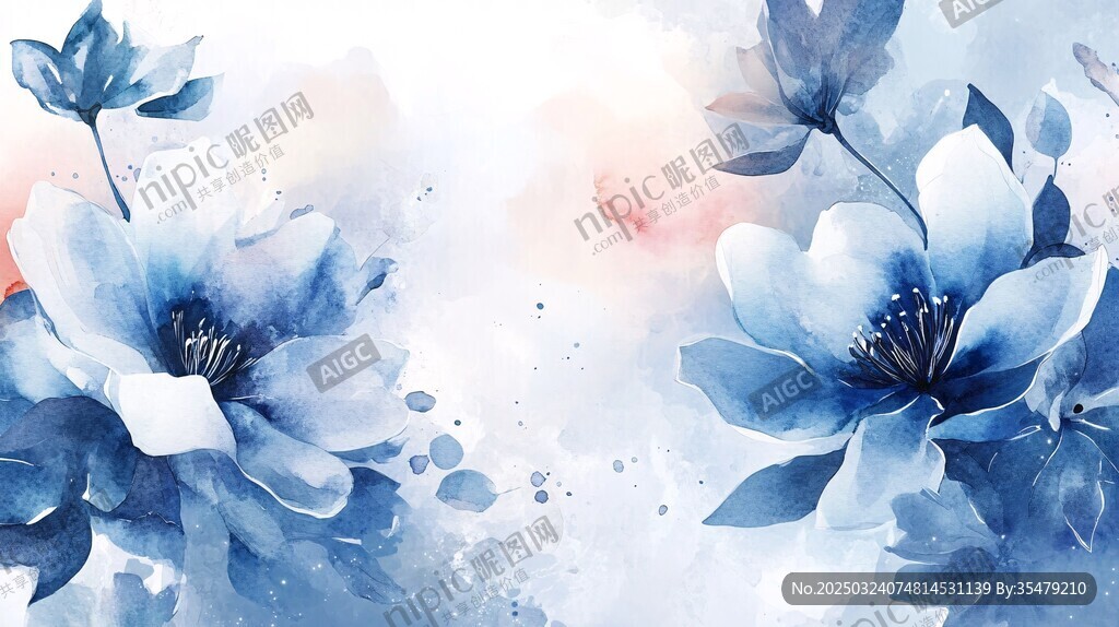 蓝色花卉水彩画