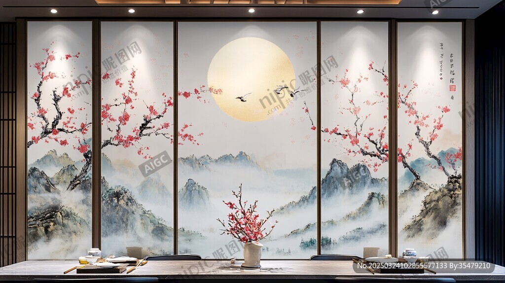 桃花月圆山水画